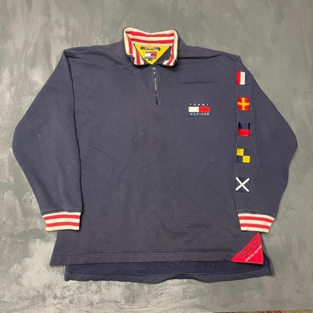 Vintage Euro Flags 1/4 Zip Sweatshirt Men Large Blue 1990s Tommy Hilfiger